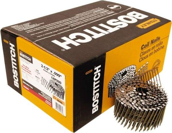Stanley Bostitch - 13 Gauge 0.099" Shank Diam 2-1/2" Long Framing Nails for Power Nailers - Steel, Yellow Zinc Finish, Smooth Shank, Coil Wire Collation, Round Head, Diamond Point - Americas Industrial Supply