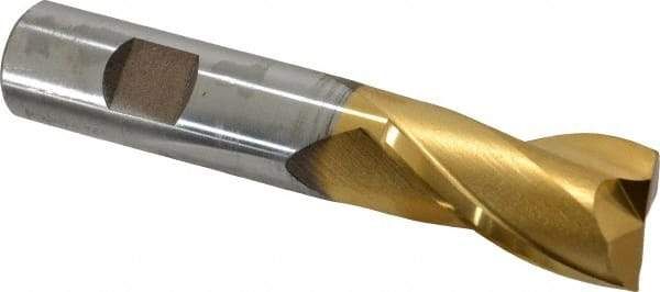 Cleveland - 7/8", 1-1/2" LOC, 3/4" Shank Diam, 4-1/8" OAL, 2 Flute, High Speed Steel Square End Mill - Single End, TiN Finish, Spiral Flute, 30° Helix, Centercutting, Right Hand Cut, Right Hand Flute, Series HG-2 - Americas Industrial Supply