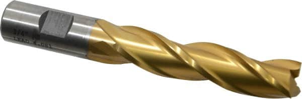 Cleveland - 3/4", 3" LOC, 3/4" Shank Diam, 5-1/4" OAL, 3 Flute, High Speed Steel Square End Mill - Single End, TiN Finish, Spiral Flute, 30° Helix, Centercutting, Right Hand Cut, Right Hand Flute, Series HG-3 - Americas Industrial Supply