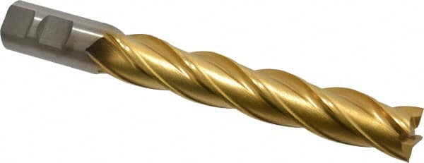 Cleveland - 7/8", 5" LOC, 7/8" Shank Diam, 7-1/4" OAL, 4 Flute, High Speed Steel Square End Mill - Single End, TiN Finish, Spiral Flute, 30° Helix, Centercutting, Right Hand Cut, Right Hand Flute, Series HG-4C - Americas Industrial Supply