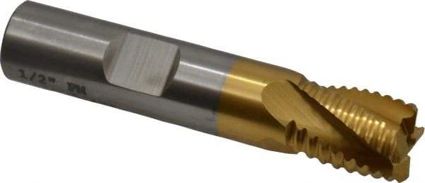 Cleveland - 1/2" Diam, Coarse Pitch, 1/2" LOC, 4 Flute Powdered Metal Roughing Square End Mill - TiN Finish, 2-1/2" OAL, 1/2" Shank Diam, Single End, 30° Helix - Americas Industrial Supply