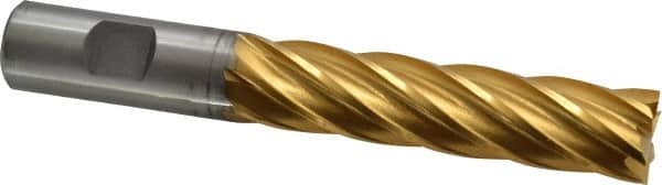 Cleveland - 3/4", 3" LOC, 3/4" Shank Diam, 5-1/4" OAL, 6 Flute, Cobalt Square End Mill - Single End, TiN Finish, Spiral Flute, 30° Helix, Centercutting, Right Hand Cut, Right Hand Flute, Series HGC-4C - Americas Industrial Supply