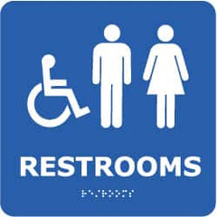 NMC - Restrooms, 8" Wide x 8" High, Plastic Sign - English, Braille, White on Blue, Wall Mount - Americas Industrial Supply
