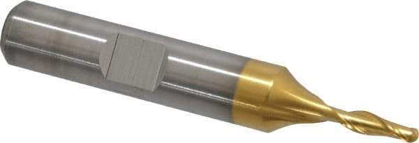 Cleveland - 1/8" Diam, 3/8" LOC, 2 Flute Cobalt Ball End Mill - TiN Finish, Single End, 2-5/16" OAL, 3/8" Shank Diam, Spiral Flute - Americas Industrial Supply