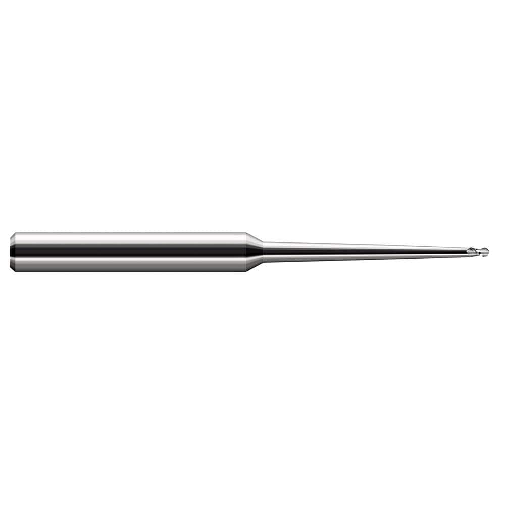 Ball End Mill: 0.047″ Dia, 0.071″ LOC, 4 Flute, Solid Carbide 2-1/2″ OAL, 1/8″ Shank Dia, 30 ° Helix, Uncoated, Single End