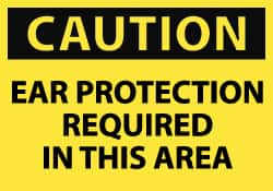 NMC - Accident Prevention Label, Header: CAUTION - Legend: Caution - Ear Protection Required in This Area, English, Black & Yellow, 5" Long x 3" High, Sign Muscle Finish - Americas Industrial Supply