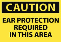 NMC - Accident Prevention Label, Header: CAUTION - Legend: Caution - Ear Protection Required in This Area, English, Black & Yellow, 5" Long x 3" High, Sign Muscle Finish - Americas Industrial Supply