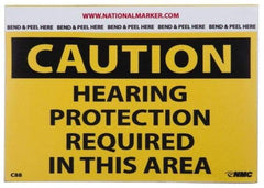 NMC - Accident Prevention Label, Header: CAUTION - Legend: Caution - Hearing Protection Required in This Area, English, Black & Yellow, 5" Long x 3" High, Sign Muscle Finish - Americas Industrial Supply
