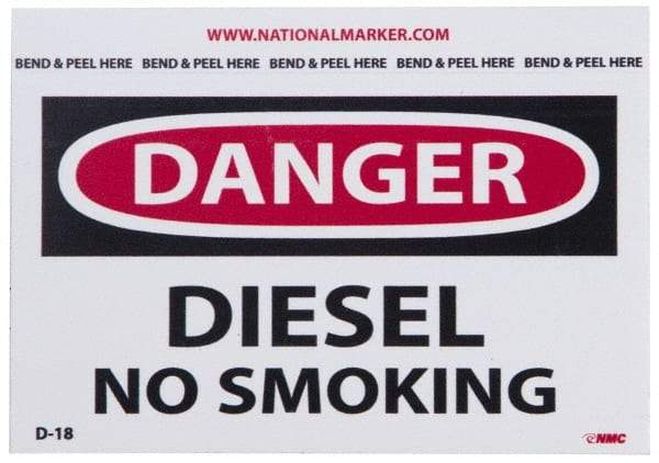 NMC - Accident Prevention Label, Header: DANGER - Legend: Danger - Diesel - No Smoking, English, Red, Black & White, 5" Long x 3" High, Sign Muscle Finish - Americas Industrial Supply