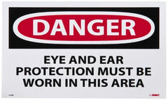 NMC - Accident Prevention Label, Header: DANGER - Legend: Danger - Eye and Ear Protection Must Be Worn in This Area, English, Red, Black & White, 5" Long x 3" High, Sign Muscle Finish - Americas Industrial Supply