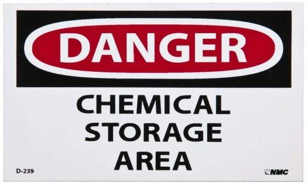 NMC - Hazardous Materials Label, Header: DANGER - Legend: Danger - Chemical Storage Area, English, Red, Black & White, 5" Long x 3" High, Sign Muscle Finish - Americas Industrial Supply