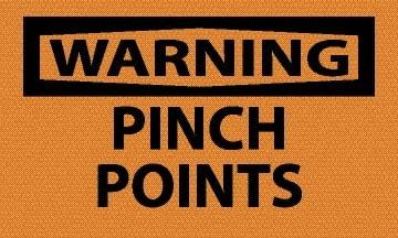 NMC - Accident Prevention Label, Header: WARNING - Legend: Warning - Pinch Points, English, Black & Orange, 5" Long x 3" High, Sign Muscle Finish - Americas Industrial Supply