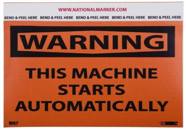 NMC - Accident Prevention Label, Header: WARNING - Legend: Warning - This Machine Starts Automatically, English, Black & Orange, 5" Long x 3" High, Sign Muscle Finish - Americas Industrial Supply