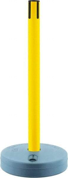 Tensator - 38" High, 2-1/2" Pole Diam, Tensabarrier Post - 15" Base Diam, Round Plastic Base, Yellow Plastic Post, Tape, Single Line Tape, For Outdoor Use - Americas Industrial Supply