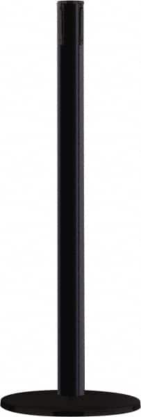 Tensator - 38" High, 2-1/2" Pole Diam, Tensabarrier Post - 14" Base Diam, Round Heavy Gauge Steel Base, Black Steel Post, Tape, Single Line Tape - Americas Industrial Supply