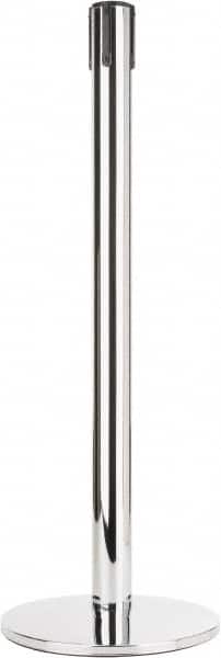 Tensator - 38" High, 2-1/2" Pole Diam, Tensabarrier Post - 14" Base Diam, Round Heavy Gauge Steel Base, Polished Chrome (Color) Steel Post, Tape, Single Line Tape - Americas Industrial Supply