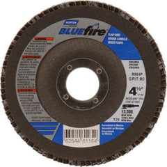 Norton - 80 Grit, 4-1/2" Disc Diam, 7/8" Center Hole, Type 29 Zirconia Alumina Flap Disc - 13,300 Max RPM, Cloth Backing, Arbor Attaching System, Coated - Americas Industrial Supply