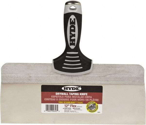 Hyde Tools - 12" Wide Spring Blade Stainless Steel Taping Knife - Flexible, Soft Grip Plastic Overmold Handle, 10-1/2" OAL - Americas Industrial Supply