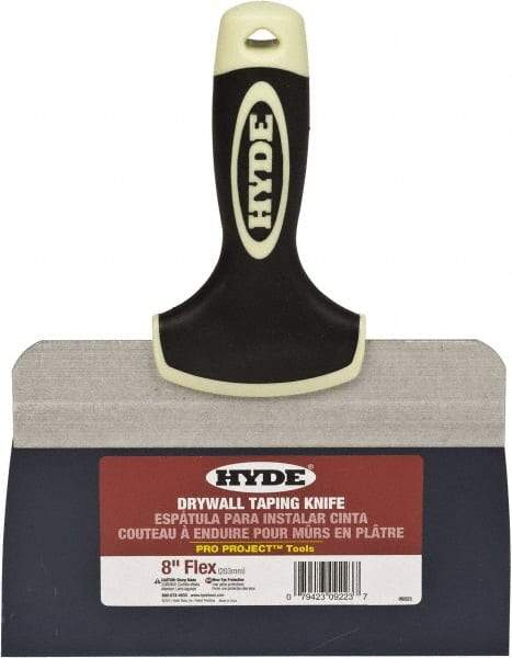 Hyde Tools - 8" Wide Spring Blade Tempered Steel Taping Knife - Flexible, Soft Grip Plastic Overmold Handle, 10-1/2" OAL - Americas Industrial Supply