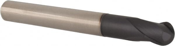 Accupro - 1/2" Diam, 1/2" LOC, 2 Flute Solid Carbide Ball End Mill - TiAlN Finish, Single End, 4-1/4" OAL, 1/2" Shank Diam, Spiral Flute - Americas Industrial Supply