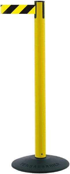 Tensator - 38" High, 2-1/2" Pole Diam, Barricade Tape Dispenser - 14" Base Diam, Round Stainless Steel Base, Black Polymer Post, 7-1/2' x 1-7/8" Tape, Single Line Tape, For Outdoor Use - Americas Industrial Supply