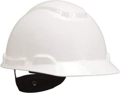 3M - ANSI Type I, Class E Rated, 4 Point, Ratchet Adjustment Hard Hat - Size 6-1/2 to 8, White, Standard Brim, Slotted - Americas Industrial Supply