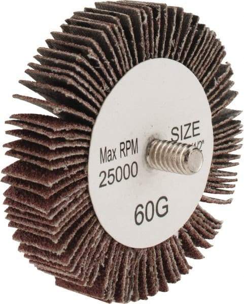 Tru-Maxx - 2-1/2" Diam x 1/2" Face Width, Medium Aluminum Oxide Coated Mounted Flap Wheel - 1/4-20 Threaded Mount, 60 Grit, 25,000 Max RPM - Americas Industrial Supply