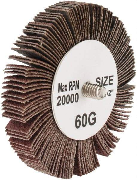 Tru-Maxx - 3" Diam x 1/2" Face Width, Medium Aluminum Oxide Coated Mounted Flap Wheel - 1/4-20 Threaded Mount, 60 Grit, 20,000 Max RPM - Americas Industrial Supply