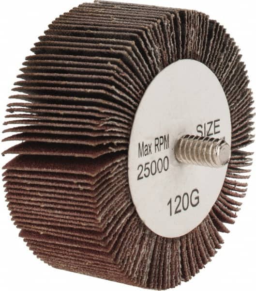 Tru-Maxx - 2-1/2" Diam x 1" Face Width, Fine Aluminum Oxide Coated Mounted Flap Wheel - 1/4-20 Threaded Mount, 120 Grit, 25,000 Max RPM - Americas Industrial Supply