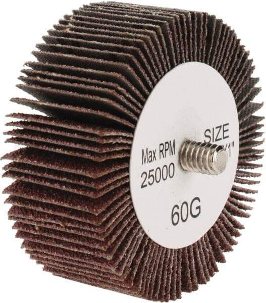 Tru-Maxx - 2-1/2" Diam x 1" Face Width, Medium Aluminum Oxide Coated Mounted Flap Wheel - 1/4-20 Threaded Mount, 60 Grit, 25,000 Max RPM - Americas Industrial Supply