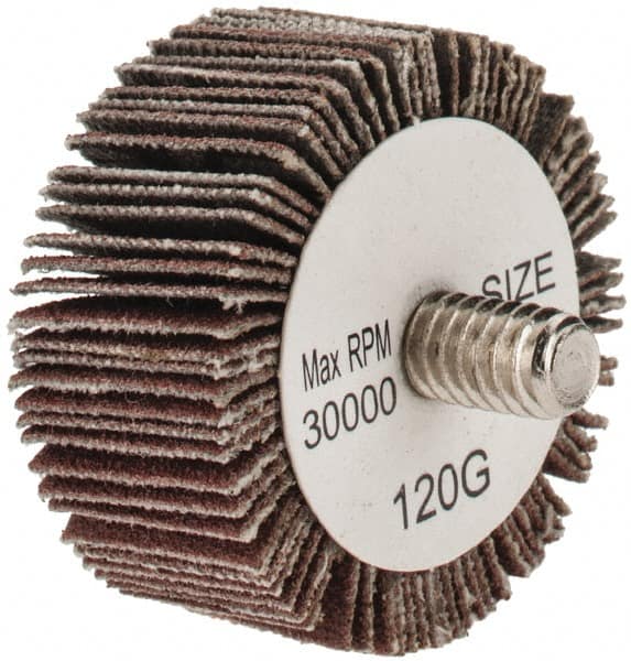 Tru-Maxx - 1-3/8" Diam x 5/8" Face Width, Fine Aluminum Oxide Coated Mounted Flap Wheel - 1/4-20 Threaded Mount, 120 Grit, 30,000 Max RPM - Americas Industrial Supply