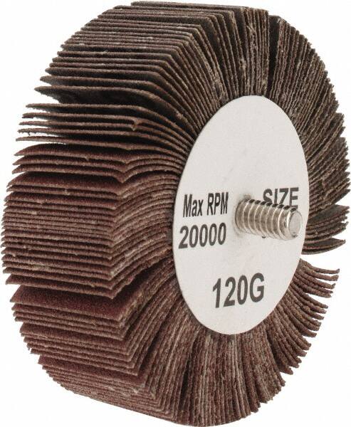 Tru-Maxx - 3" Diam x 1" Face Width, Fine Aluminum Oxide Coated Mounted Flap Wheel - 1/4-20 Threaded Mount, 120 Grit, 20,000 Max RPM - Americas Industrial Supply