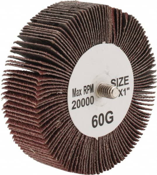 Tru-Maxx - 3" Diam x 1" Face Width, Medium Aluminum Oxide Coated Mounted Flap Wheel - 1/4-20 Threaded Mount, 60 Grit, 20,000 Max RPM - Americas Industrial Supply