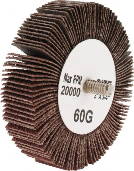 Tru-Maxx - 3" Diam x 3/4" Face Width, Medium Aluminum Oxide Coated Mounted Flap Wheel - 1/4-20 Threaded Mount, 60 Grit, 20,000 Max RPM - Americas Industrial Supply