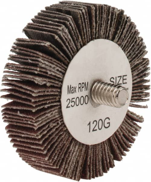 Tru-Maxx - 2" Diam x 1/2" Face Width, Fine Aluminum Oxide Coated Mounted Flap Wheel - 1/4-20 Threaded Mount, 120 Grit, 25,000 Max RPM - Americas Industrial Supply