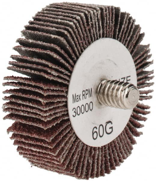 Tru-Maxx - 1-1/2" Diam x 1/2" Face Width, Medium Aluminum Oxide Coated Mounted Flap Wheel - 1/4-20 Threaded Mount, 60 Grit, 30,000 Max RPM - Americas Industrial Supply