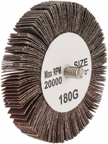 Tru-Maxx - 3" Diam x 1/2" Face Width, Very Fine Aluminum Oxide Coated Mounted Flap Wheel - 1/4-20 Threaded Mount, 180 Grit, 20,000 Max RPM - Americas Industrial Supply
