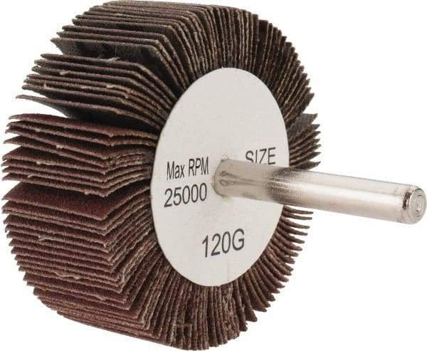 Tru-Maxx - 2-1/2" Diam x 1" Face Width, Fine Aluminum Oxide Coated Mounted Flap Wheel - 1/4" Shank Mount, 120 Grit, 25,000 Max RPM - Americas Industrial Supply