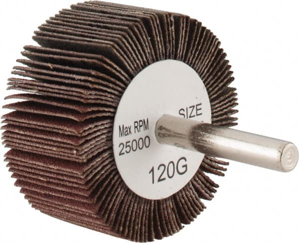 Tru-Maxx - 2" Diam x 1" Face Width, Fine Aluminum Oxide Coated Mounted Flap Wheel - 1/4" Shank Mount, 120 Grit, 25,000 Max RPM - Americas Industrial Supply