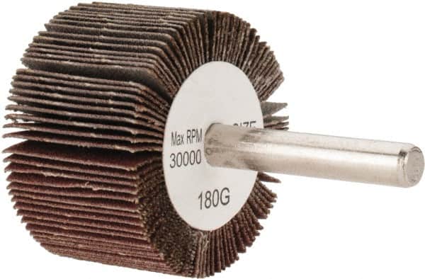Tru-Maxx - 1-1/2" Diam x 1" Face Width, Very Fine Aluminum Oxide Coated Mounted Flap Wheel - 1/4" Shank Mount, 180 Grit, 30,000 Max RPM - Americas Industrial Supply