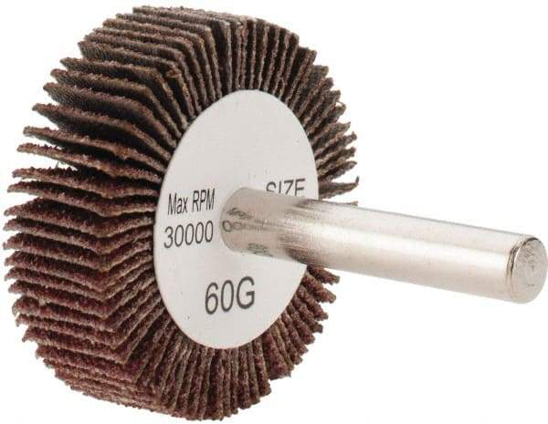 Tru-Maxx - 1-1/2" Diam x 1/2" Face Width, Medium Aluminum Oxide Coated Mounted Flap Wheel - 1/4" Shank Mount, 60 Grit, 30,000 Max RPM - Americas Industrial Supply