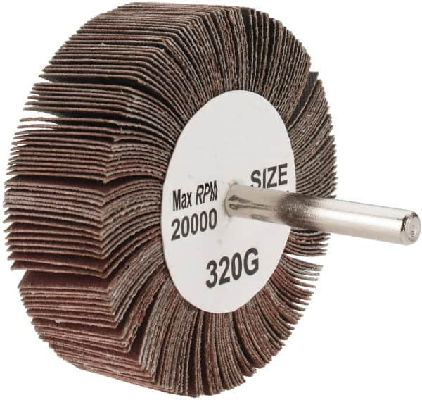 Tru-Maxx - 3" Diam x 1" Face Width, Extra Fine Aluminum Oxide Coated Mounted Flap Wheel - 1/4" Shank Mount, 320 Grit, 20,000 Max RPM - Americas Industrial Supply