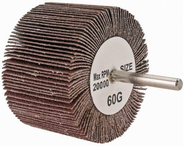 Tru-Maxx - 3" Diam x 2" Face Width, Medium Aluminum Oxide Coated Mounted Flap Wheel - 1/4" Shank Mount, 60 Grit, 20,000 Max RPM - Americas Industrial Supply