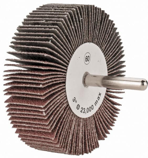Tru-Maxx - 3" Diam x 1" Face Width, Medium Aluminum Oxide Coated Mounted Flap Wheel - 1/4" Shank Mount, 60 Grit, 20,000 Max RPM - Americas Industrial Supply