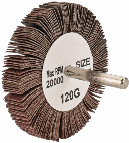 Tru-Maxx - 3" Diam x 1/2" Face Width, Fine Aluminum Oxide Coated Mounted Flap Wheel - 1/4" Shank Mount, 120 Grit, 20,000 Max RPM - Americas Industrial Supply