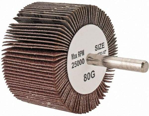 Tru-Maxx - 2-1/2" Diam x 1-1/2" Face Width, Medium Aluminum Oxide Coated Mounted Flap Wheel - 1/4" Shank Mount, 80 Grit, 25,000 Max RPM - Americas Industrial Supply