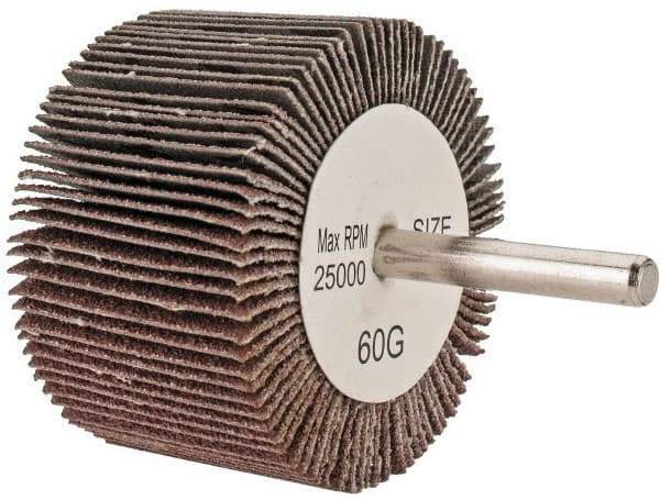 Tru-Maxx - 2-1/2" Diam x 1-1/2" Face Width, Medium Aluminum Oxide Coated Mounted Flap Wheel - 1/4" Shank Mount, 60 Grit, 25,000 Max RPM - Americas Industrial Supply