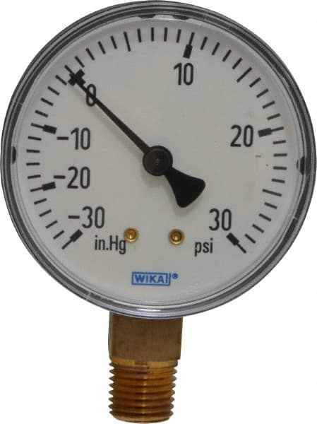 Wika - 2-1/2" Dial, 1/4 Thread, 30-0-30 Scale Range, Pressure Gauge - Lower Connection Mount, Accurate to 3-2-3% of Scale - Americas Industrial Supply