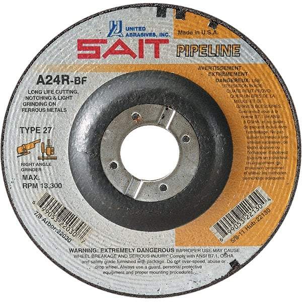Sait - 24 Grit, 9" Wheel Diam, 1/8" Wheel Thickness, 7/8" Arbor Hole, Type 27 Depressed Center Wheel - Aluminum Oxide, Resinoid Bond, R Hardness, 6,600 Max RPM, Compatible with Angle Grinder - Americas Industrial Supply