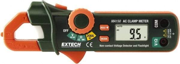 Extech - MA150, CAT II, Digital Average Responding Auto Ranging Clamp Meter with 0.7" Clamp On Jaws - 600 VAC/VDC, 200 AC Amps, Measures Voltage, Continuity, Current, Resistance - Americas Industrial Supply